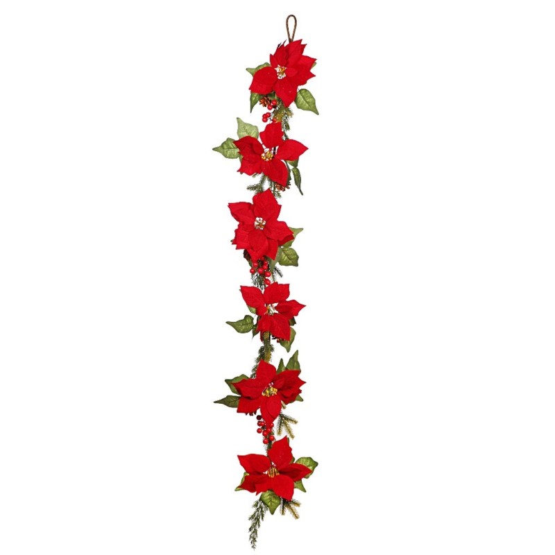 GUIRNALDA DE POINSETTIA BERRY Y PIÑAS 140CM