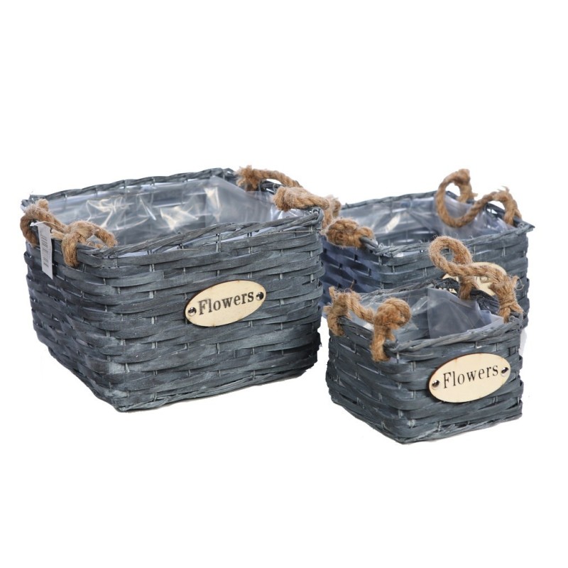 SET 3 CESTAS  GRISES FLOWER 20CM