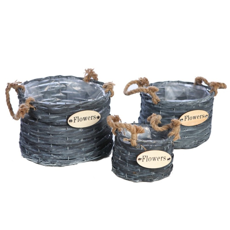SET 3 CESTAS GRISES CON CUERDA